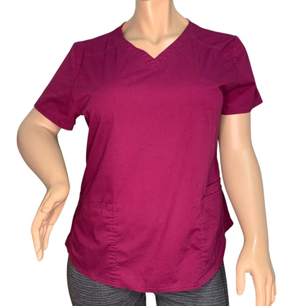 Scrubstar Scrub Top Short Sleeve V-Neck Wine Front Patch Pockets Size XL